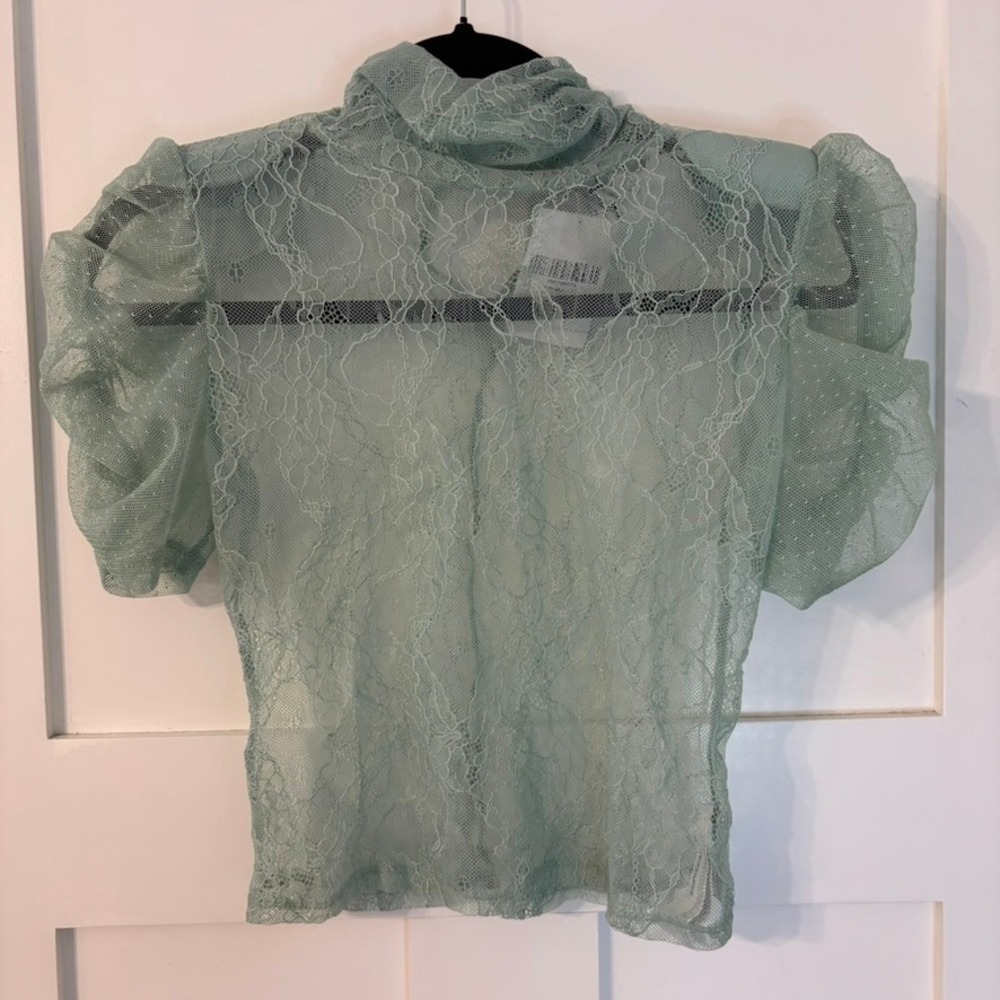 NEW Forever 21 Mint Lace Blouse Puff Sleeve Mock Neck Coquette Romantic Large